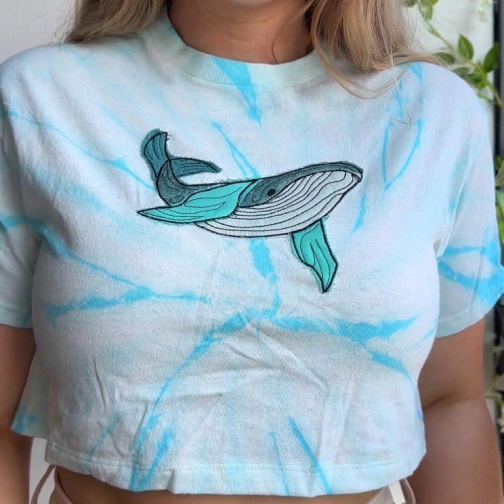 Upcycled blue & white tie dye patchwork whale embroidered crop short sleeve tee